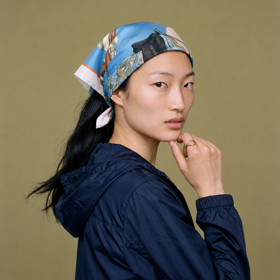 The Noble Steed ipek eşarbı boğazda geniş yaka gibi bağlanmış, koyu lacivert yün giyen model, stüdyo çekimi. Model in a dark navy knit wearing The Noble Steed 50x50 silk scarf tied close at the throat like a wide collar.