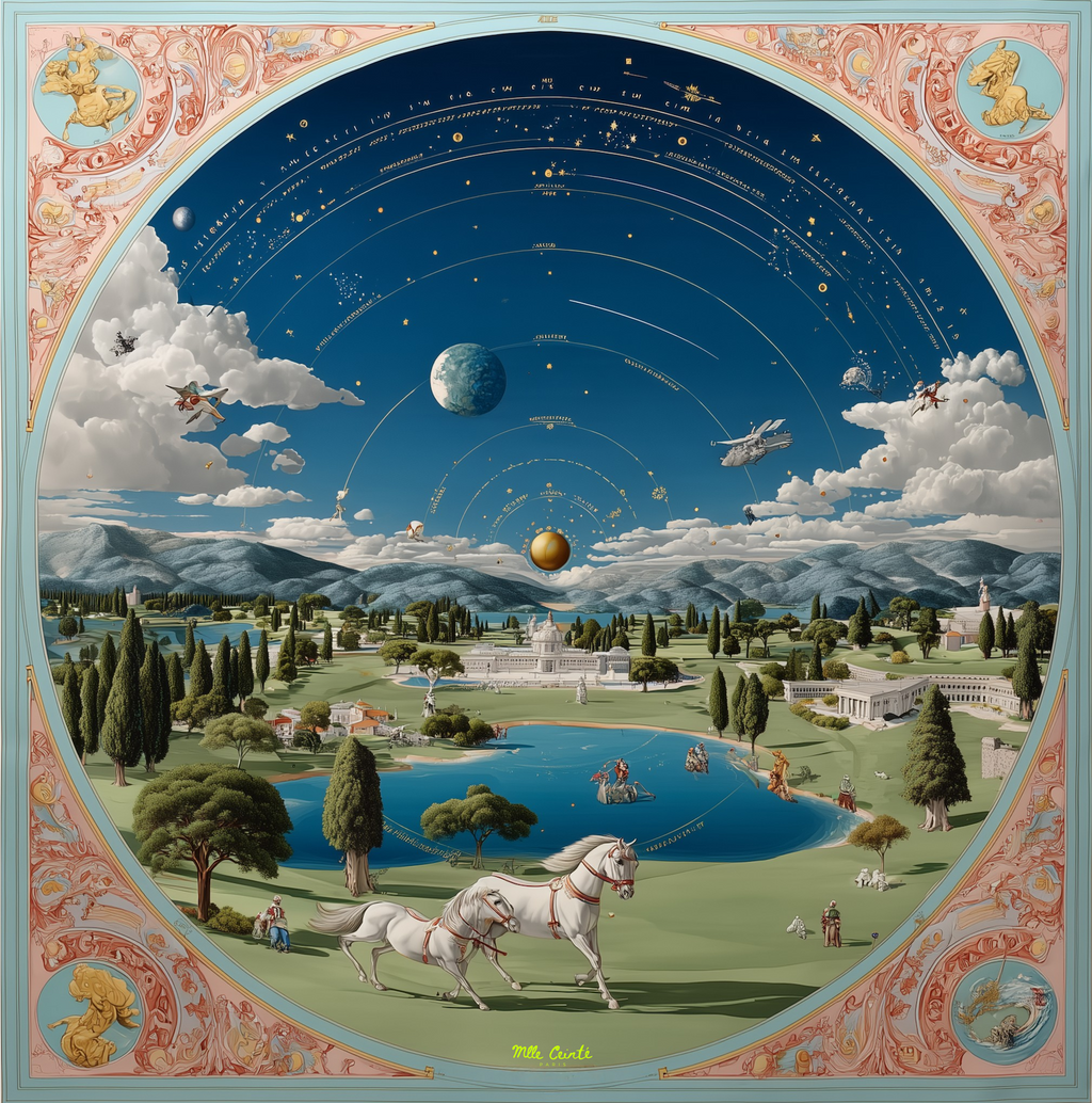 Mlle Ceinté Paris silk scarf, celestial star map and planets above, arcadian landscape with white horses below, circular design with pink baroque border.