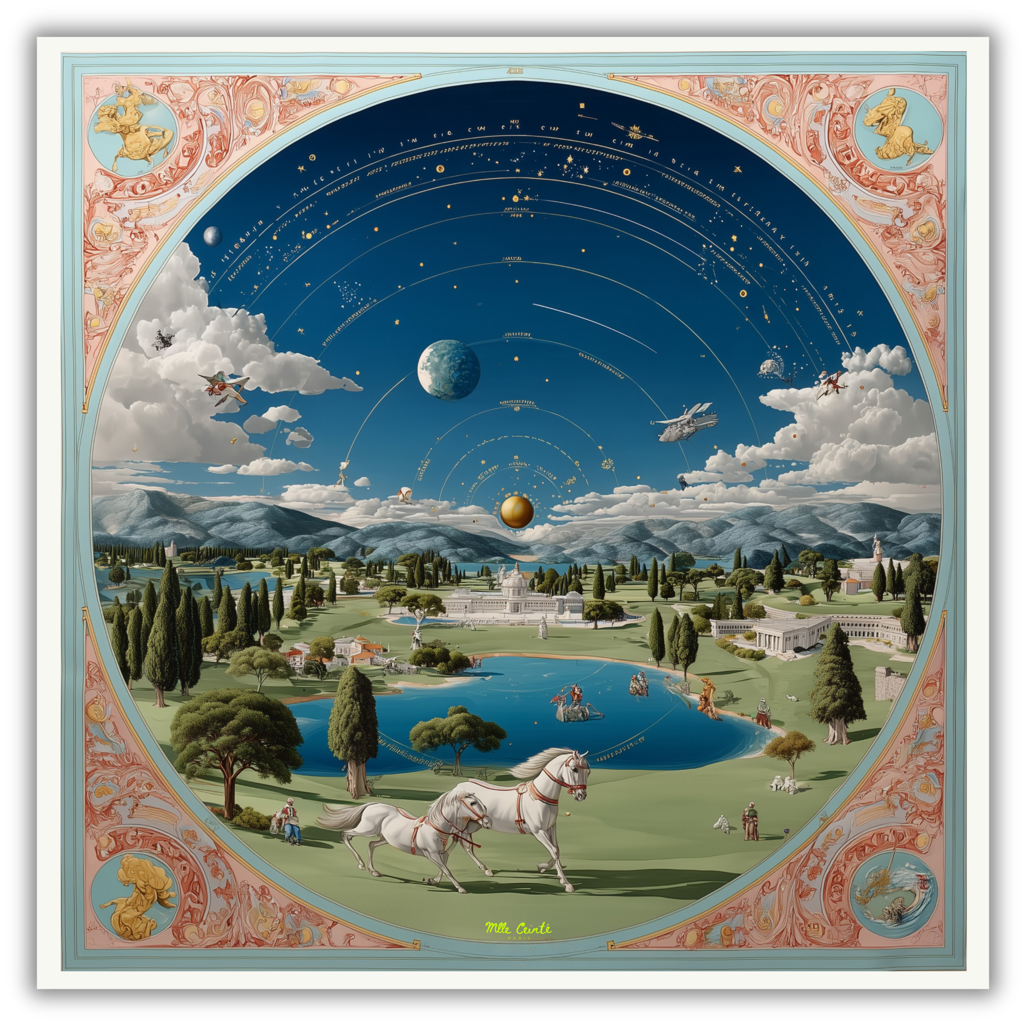 Mlle Ceinté Paris silk scarf, celestial star map and planets above, arcadian landscape with white horses below, circular design with pink baroque border.