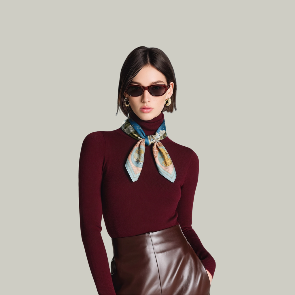 Mlle Ceinté Paris silk scarf, celestial star map and planets above, arcadian landscape with white horses below, circular design with pink baroque border.