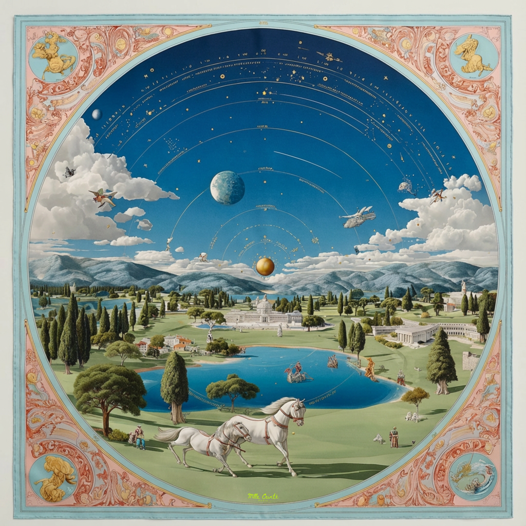 Mlle Ceinté Paris silk scarf, celestial star map and planets above, arcadian landscape with white horses below, circular design with pink baroque border.