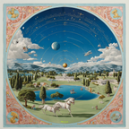 Mlle Ceinté Paris silk scarf, celestial star map and planets above, arcadian landscape with white horses below, circular design with pink baroque border.