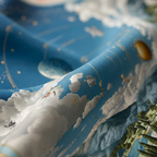 Mlle Ceinté Paris silk scarf, celestial star map and planets above, arcadian landscape with white horses below, circular design with pink baroque border.