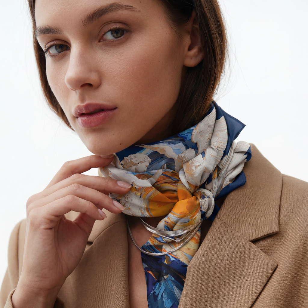 Mlle Ceinté Paris silk scarf, central orange vortex with flying marble angel figures, blue and orange fluid background, baroque style, 90x90 cm.