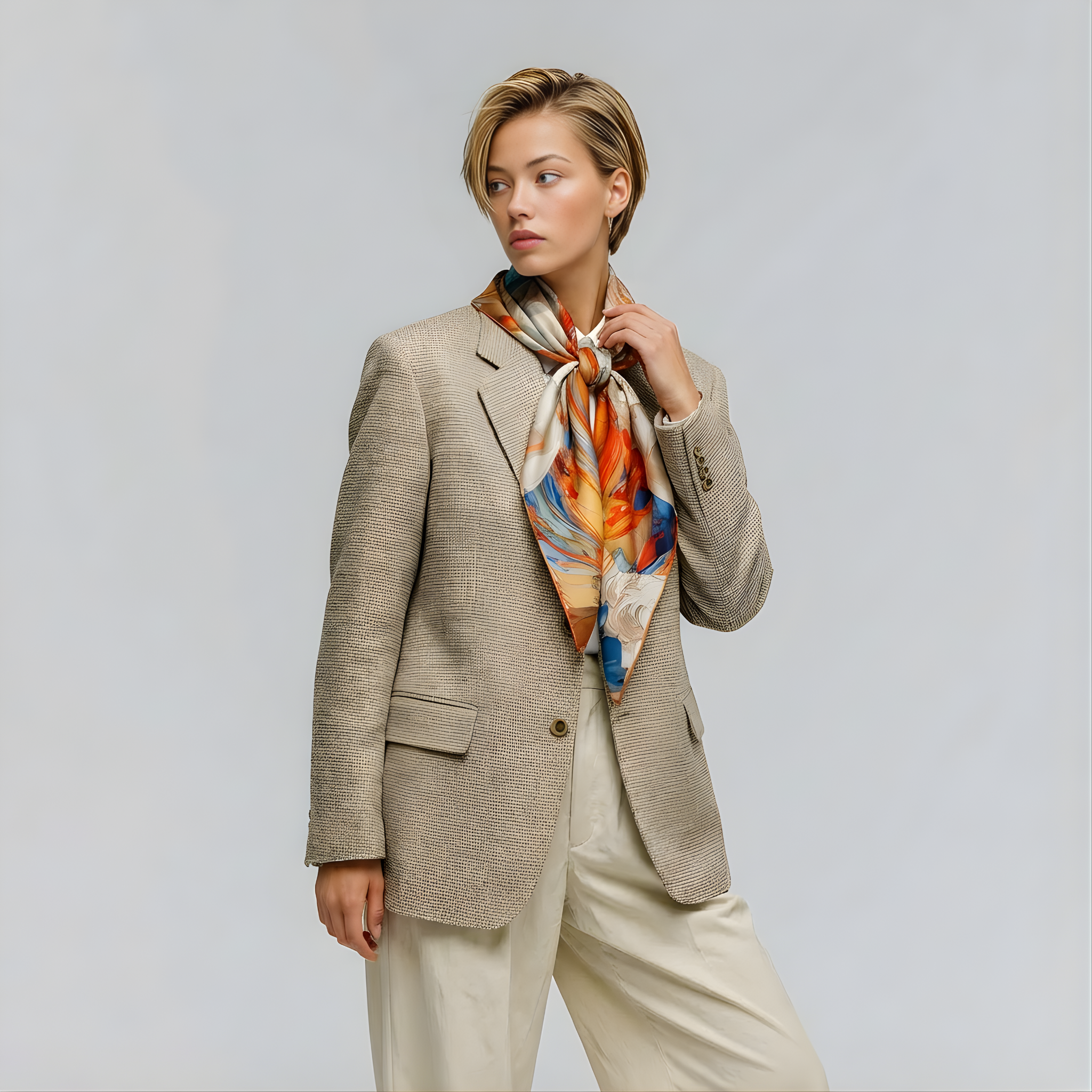 Mlle Ceinté Paris silk scarf, central orange vortex with flying marble angel figures, blue and orange fluid background, baroque style, 90x90 cm.