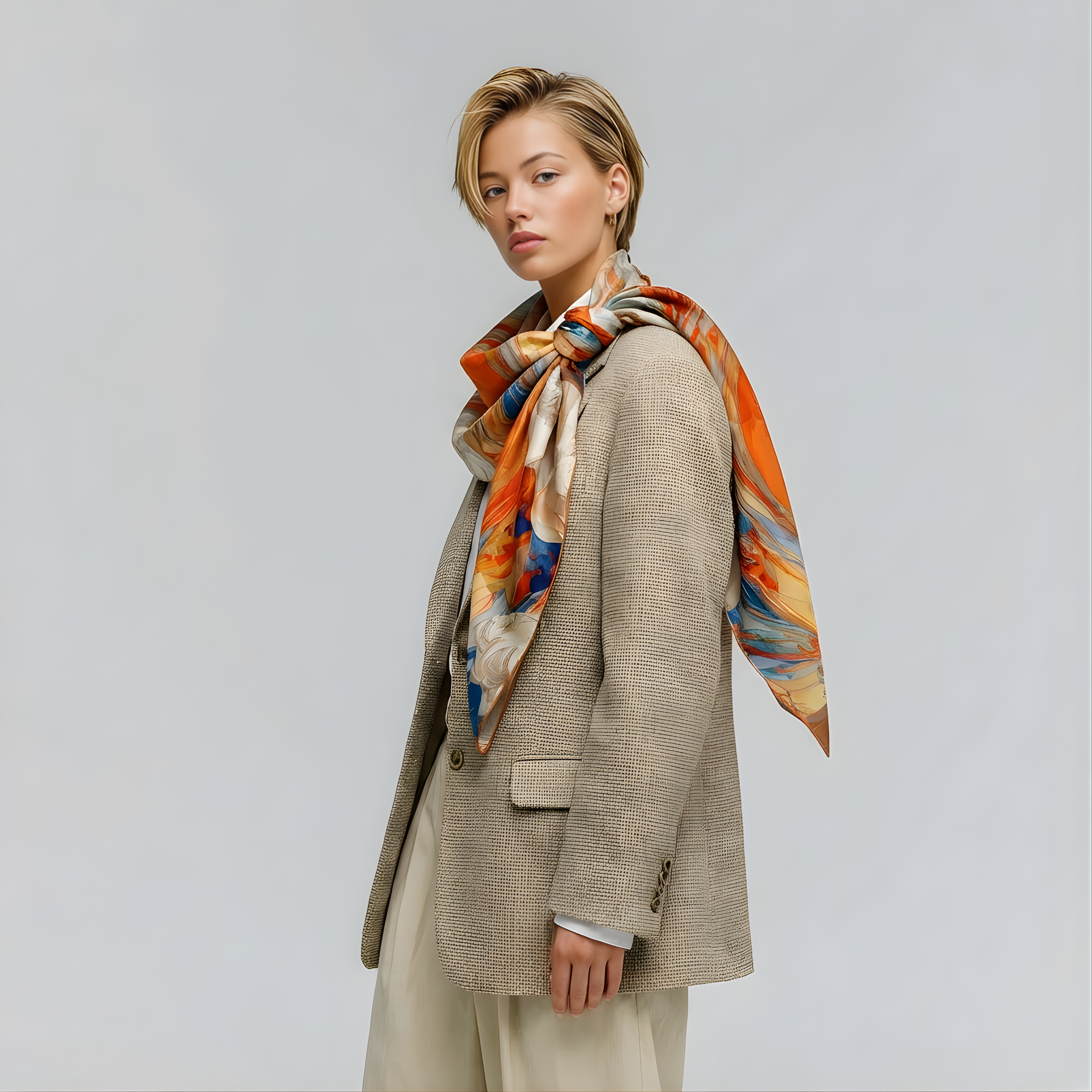 Mlle Ceinté Paris silk scarf, central orange vortex with flying marble angel figures, blue and orange fluid background, baroque style, 90x90 cm.