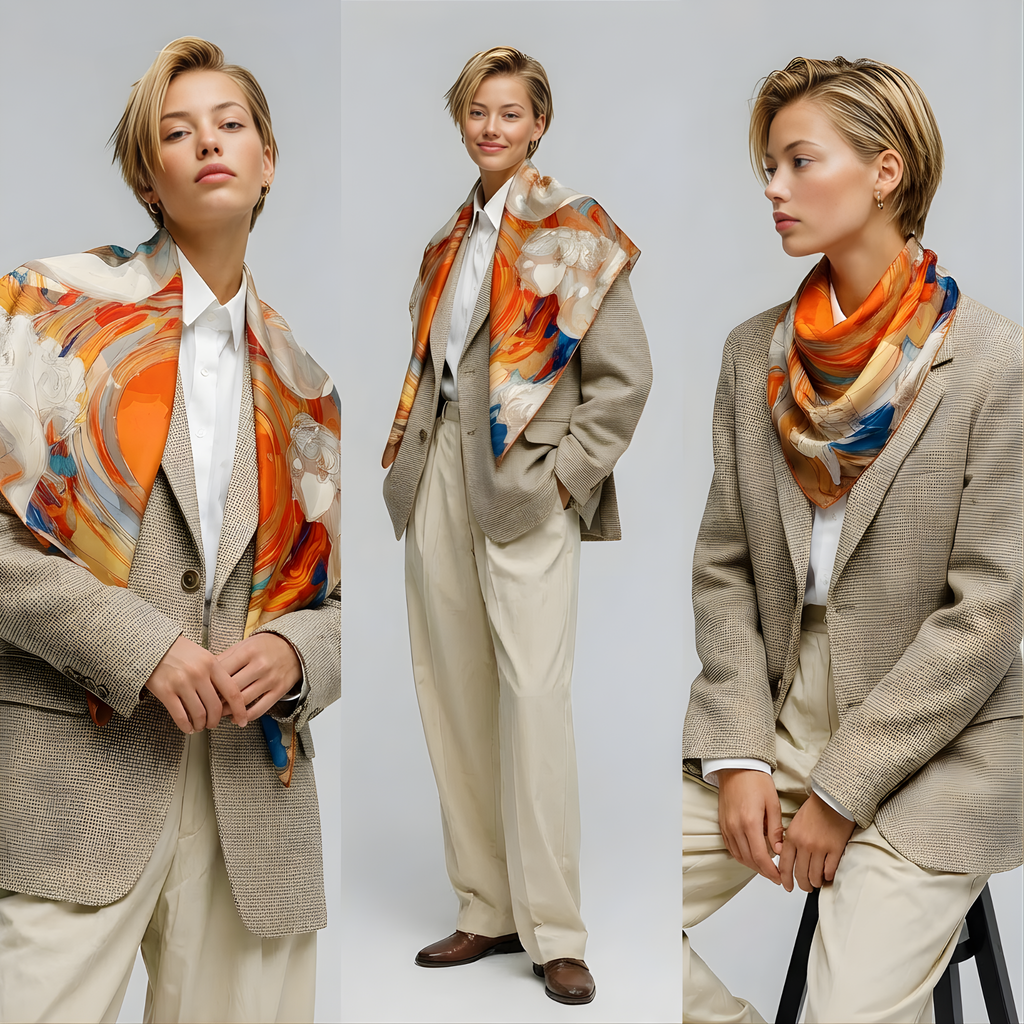 Mlle Ceinté Paris silk scarf, central orange vortex with flying marble angel figures, blue and orange fluid background, baroque style, 90x90 cm.