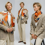 Mlle Ceinté Paris silk scarf, central orange vortex with flying marble angel figures, blue and orange fluid background, baroque style, 90x90 cm.