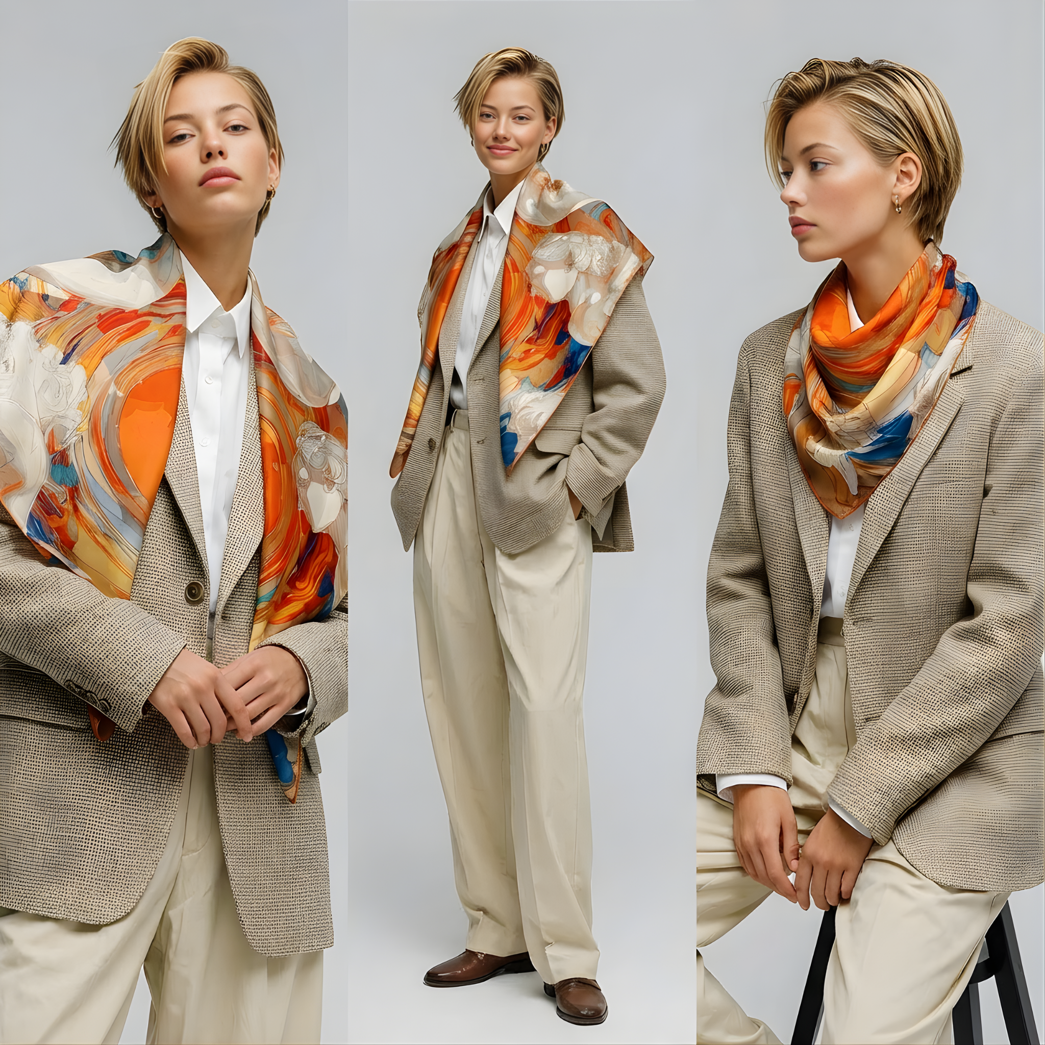 Mlle Ceinté Paris silk scarf, central orange vortex with flying marble angel figures, blue and orange fluid background, baroque style, 90x90 cm.