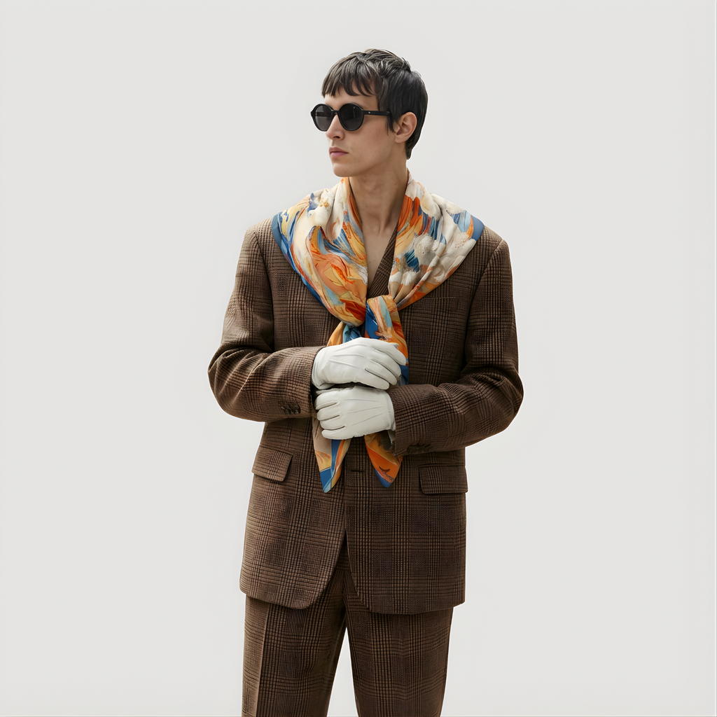 Mlle Ceinté Paris silk scarf, central orange vortex with flying marble angel figures, blue and orange fluid background, baroque style, 90x90 cm.