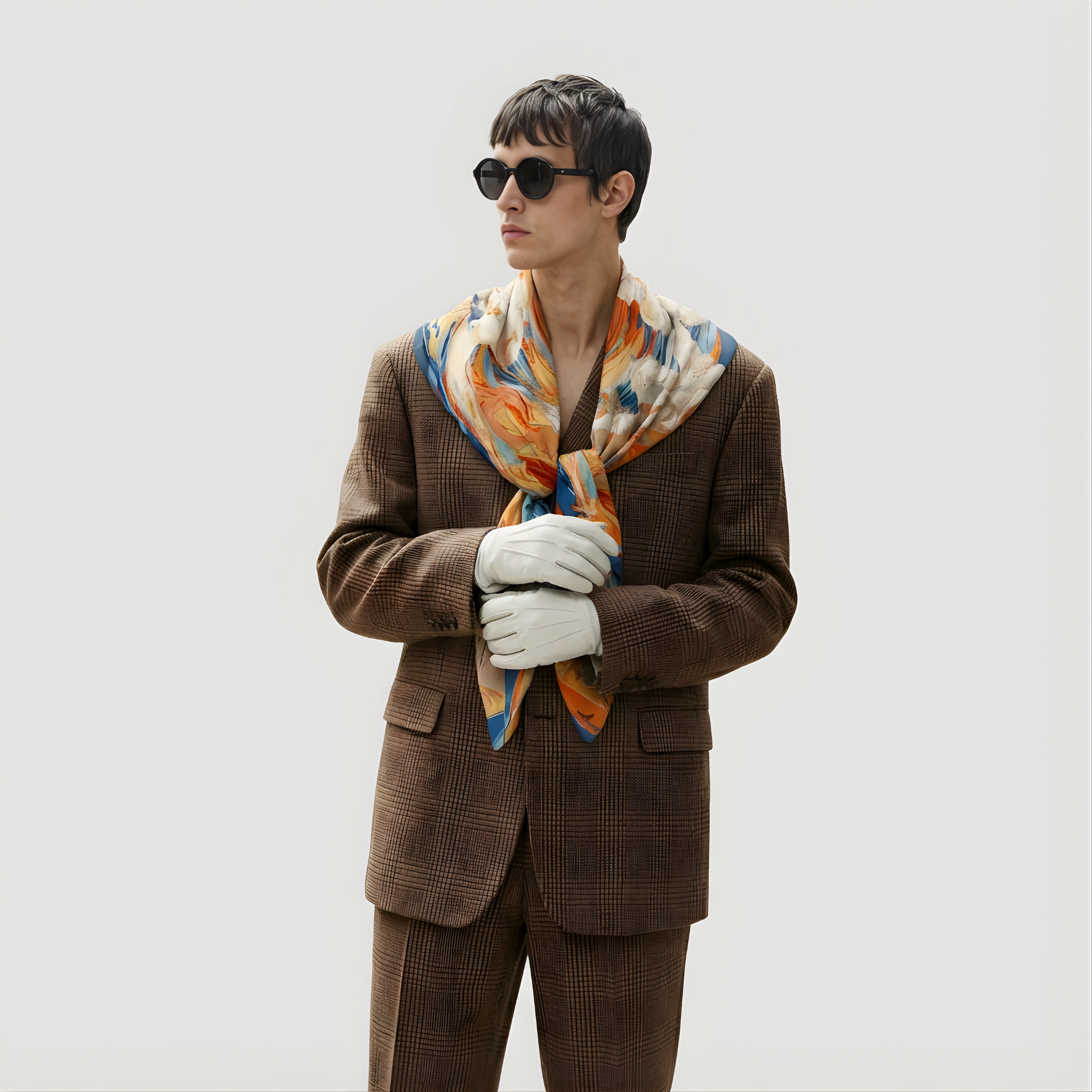 Mlle Ceinté Paris silk scarf, central orange vortex with flying marble angel figures, blue and orange fluid background, baroque style, 90x90 cm.