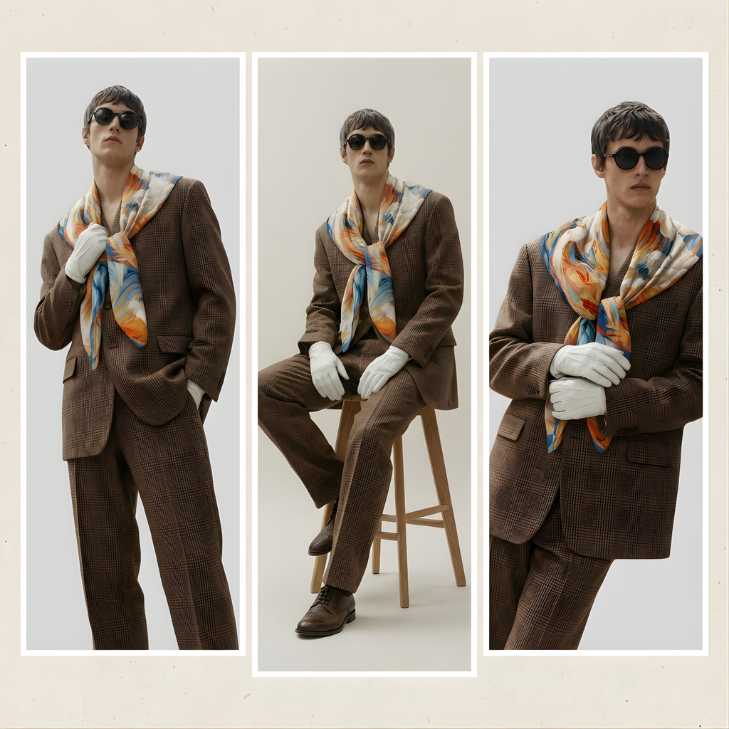 Mlle Ceinté Paris silk scarf, central orange vortex with flying marble angel figures, blue and orange fluid background, baroque style, 90x90 cm.