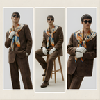 Mlle Ceinté Paris silk scarf, central orange vortex with flying marble angel figures, blue and orange fluid background, baroque style, 90x90 cm.