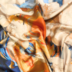 Mlle Ceinté Paris silk scarf, central orange vortex with flying marble angel figures, blue and orange fluid background, baroque style, 90x90 cm.