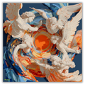 Mlle Ceinté Paris silk scarf, central orange vortex with flying marble angel figures, blue and orange fluid background, baroque style, 90x90 cm.