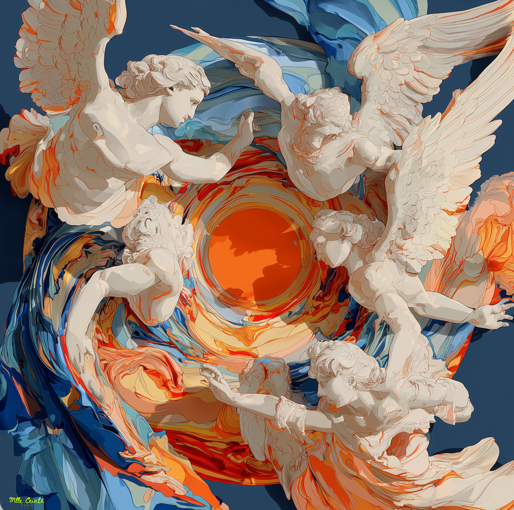 Mlle Ceinté Paris silk scarf, central orange vortex with flying marble angel figures, blue and orange fluid background, baroque style, 90x90 cm.