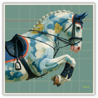 Mlle Ceinté Paris silk scarf, jumping horse with floral pattern coat, navy blue saddle and orange trim, sage green grid background.