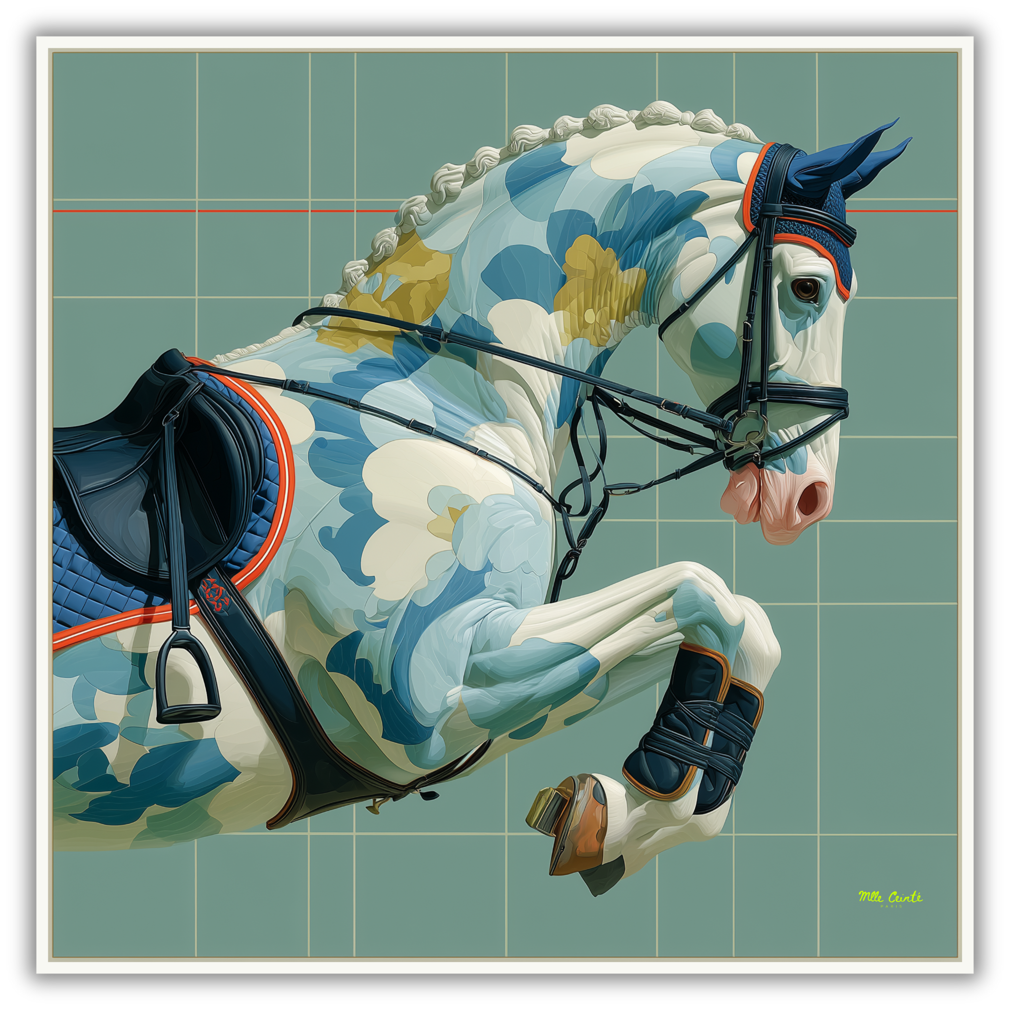 Mlle Ceinté Paris silk scarf, jumping horse with floral pattern coat, navy blue saddle and orange trim, sage green grid background.