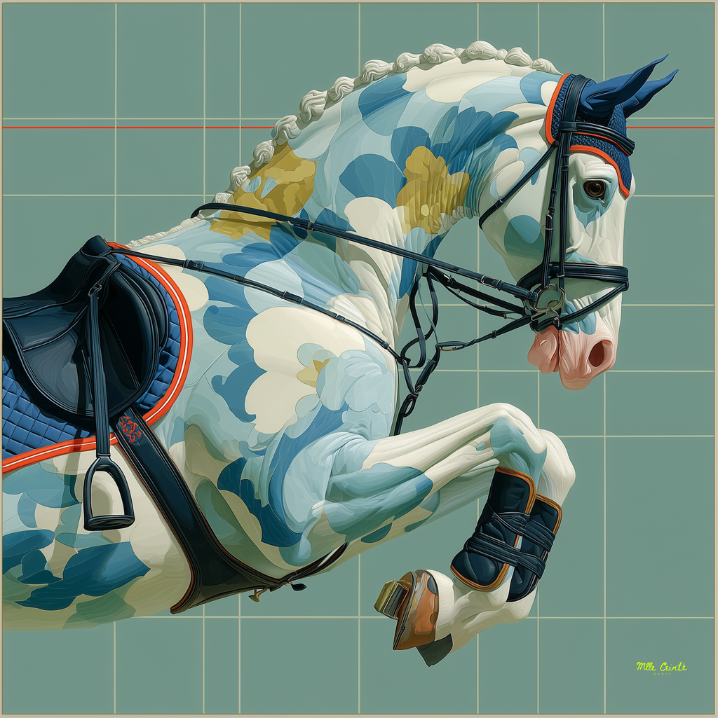 Mlle Ceinté Paris silk scarf, jumping horse with floral pattern coat, navy blue saddle and orange trim, sage green grid background.