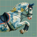 Mlle Ceinté Paris silk scarf, jumping horse with floral pattern coat, navy blue saddle and orange trim, sage green grid background.