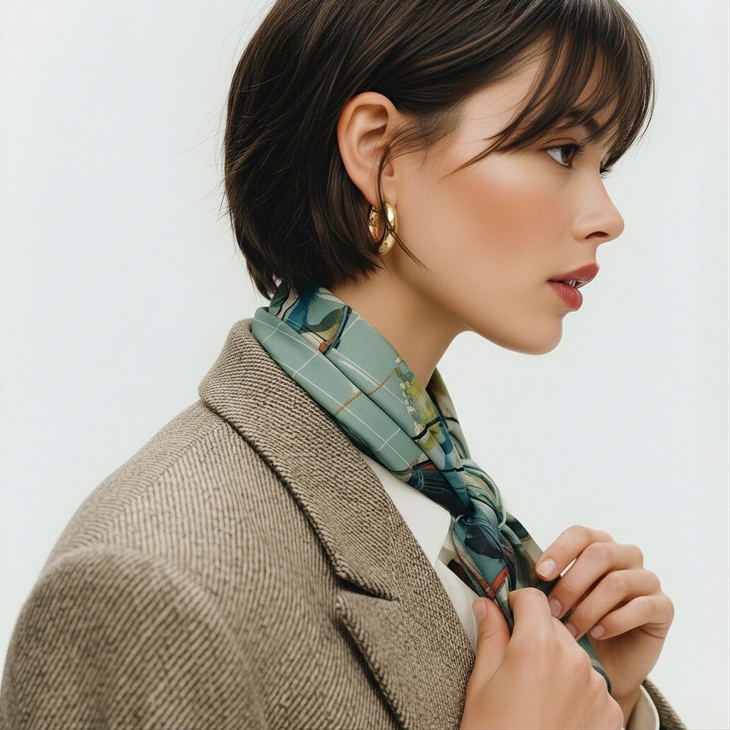 Mlle Ceinté Paris silk scarf, jumping horse with floral pattern coat, navy blue saddle and orange trim, sage green grid background.