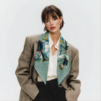 Mlle Ceinté Paris silk scarf, jumping horse with floral pattern coat, navy blue saddle and orange trim, sage green grid background.