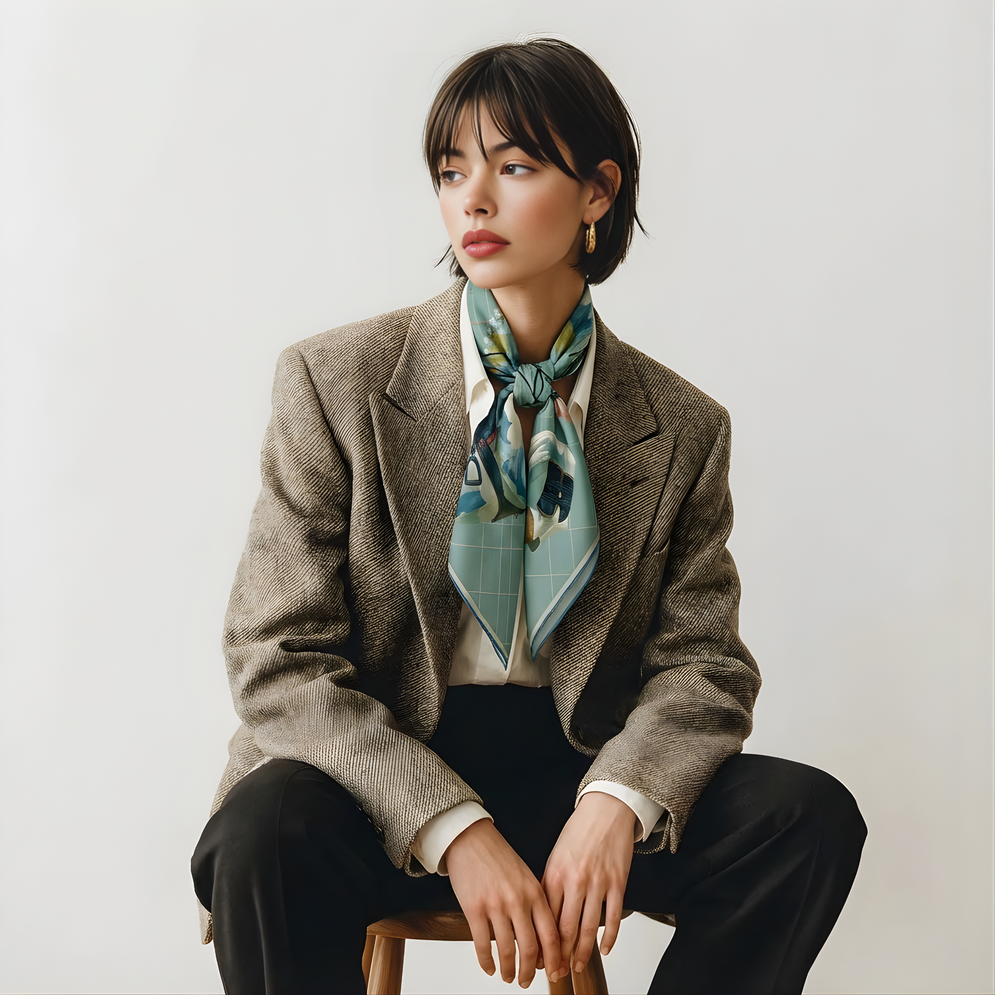 Mlle Ceinté Paris silk scarf, jumping horse with floral pattern coat, navy blue saddle and orange trim, sage green grid background.