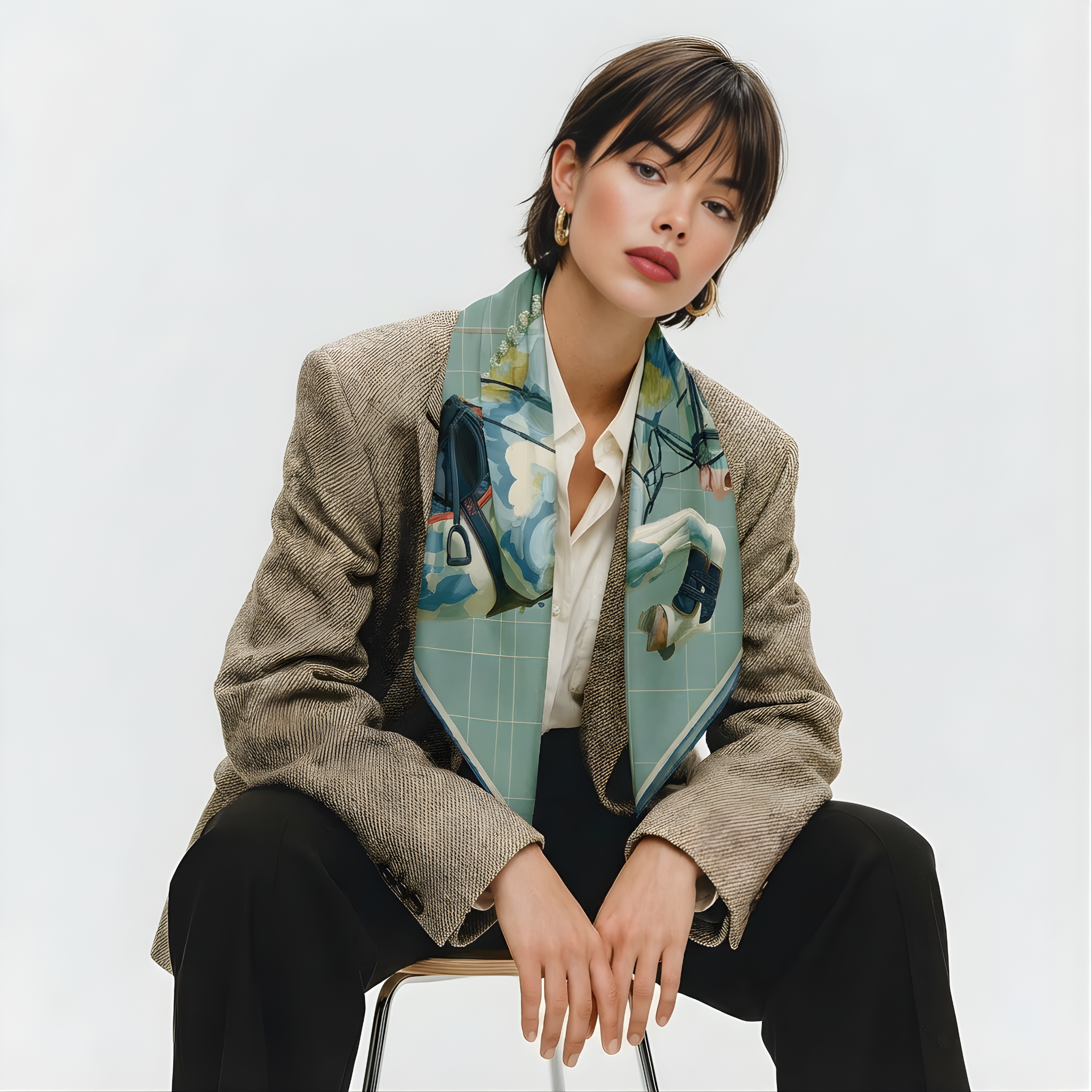 Mlle Ceinté Paris silk scarf, jumping horse with floral pattern coat, navy blue saddle and orange trim, sage green grid background.