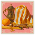 Mlle Ceinté Paris silk scarf, antique gold tankard, fresh orange, yellow striped fabric drape, wooden scrolls, salmon pink background still life.