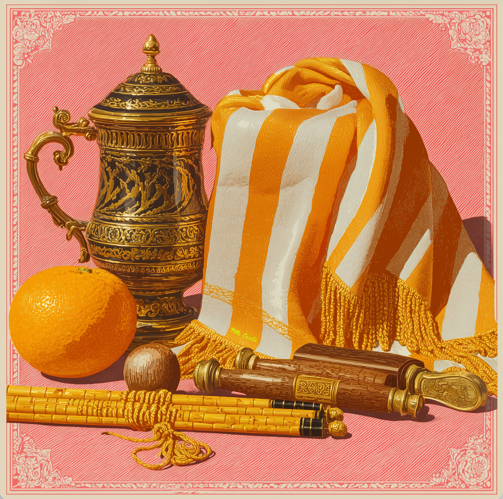 Mlle Ceinté Paris silk scarf, antique gold tankard, fresh orange, yellow striped fabric drape, wooden scrolls, salmon pink background still life.