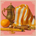Mlle Ceinté Paris silk scarf, antique gold tankard, fresh orange, yellow striped fabric drape, wooden scrolls, salmon pink background still life.