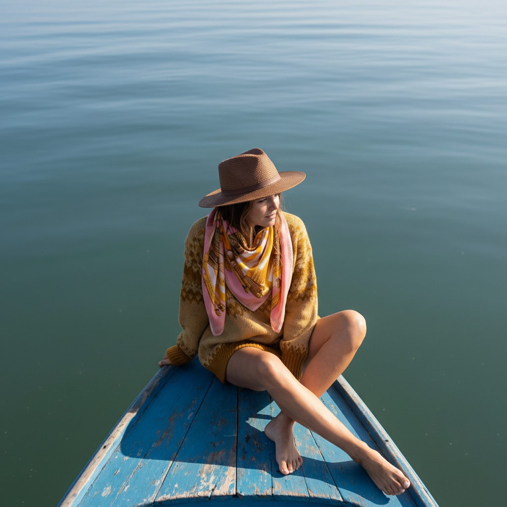 Mlle Ceinté Paris silk scarf, antique gold tankard, fresh orange, yellow striped fabric drape, wooden scrolls, salmon pink background still life.