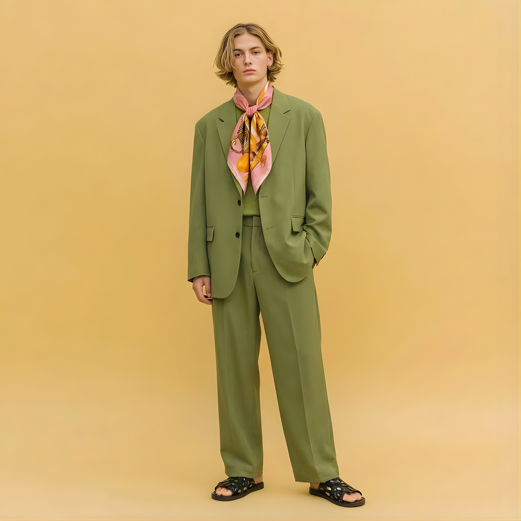 Mlle Ceinté Paris silk scarf, antique gold tankard, fresh orange, yellow striped fabric drape, wooden scrolls, salmon pink background still life.