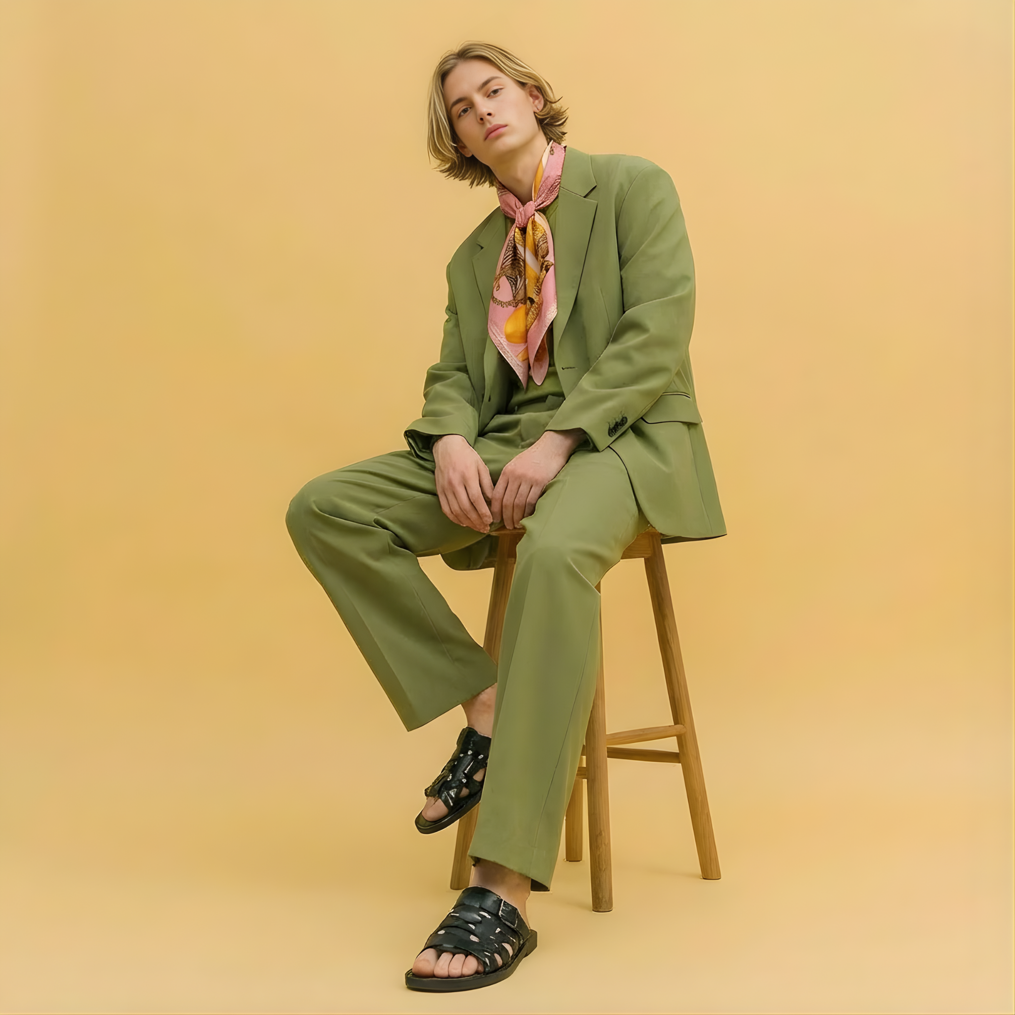 Mlle Ceinté Paris silk scarf, antique gold tankard, fresh orange, yellow striped fabric drape, wooden scrolls, salmon pink background still life.