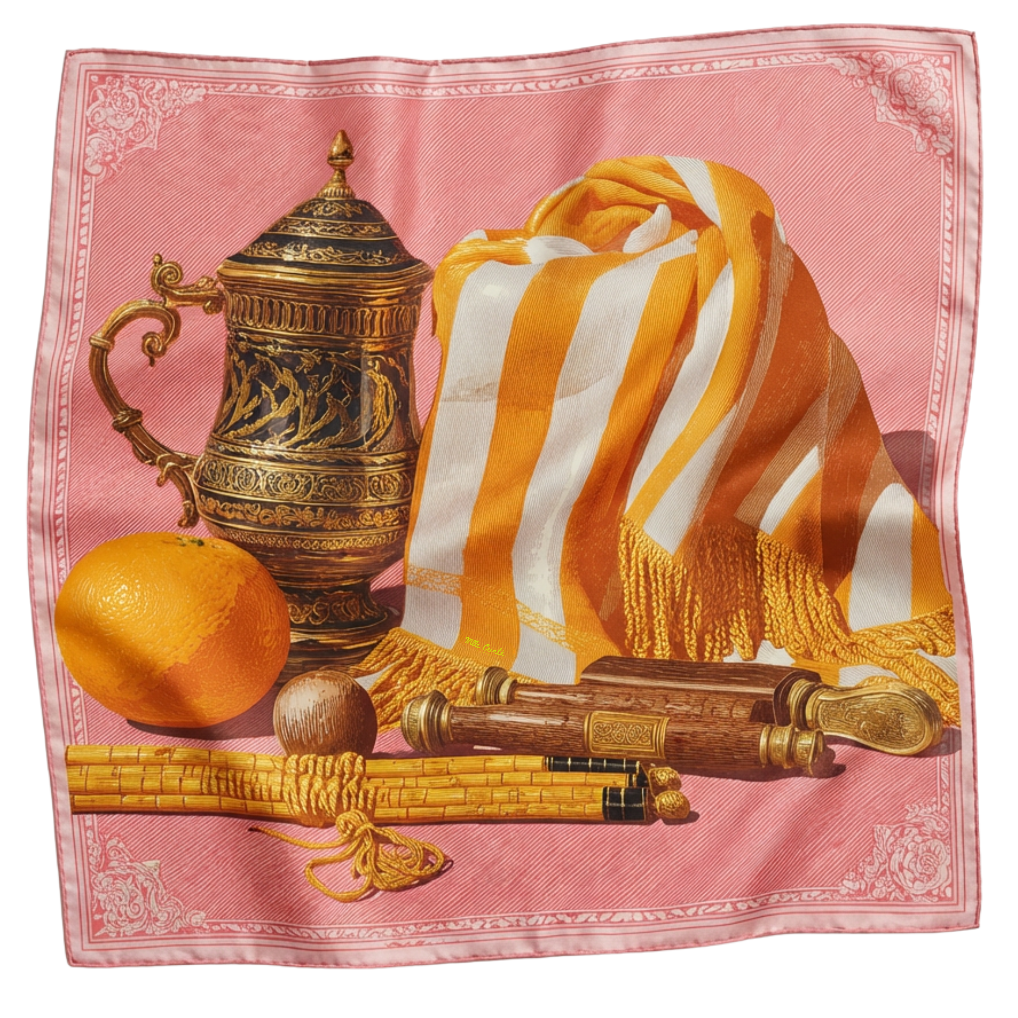 Mlle Ceinté Paris silk scarf, antique gold tankard, fresh orange, yellow striped fabric drape, wooden scrolls, salmon pink background still life.
