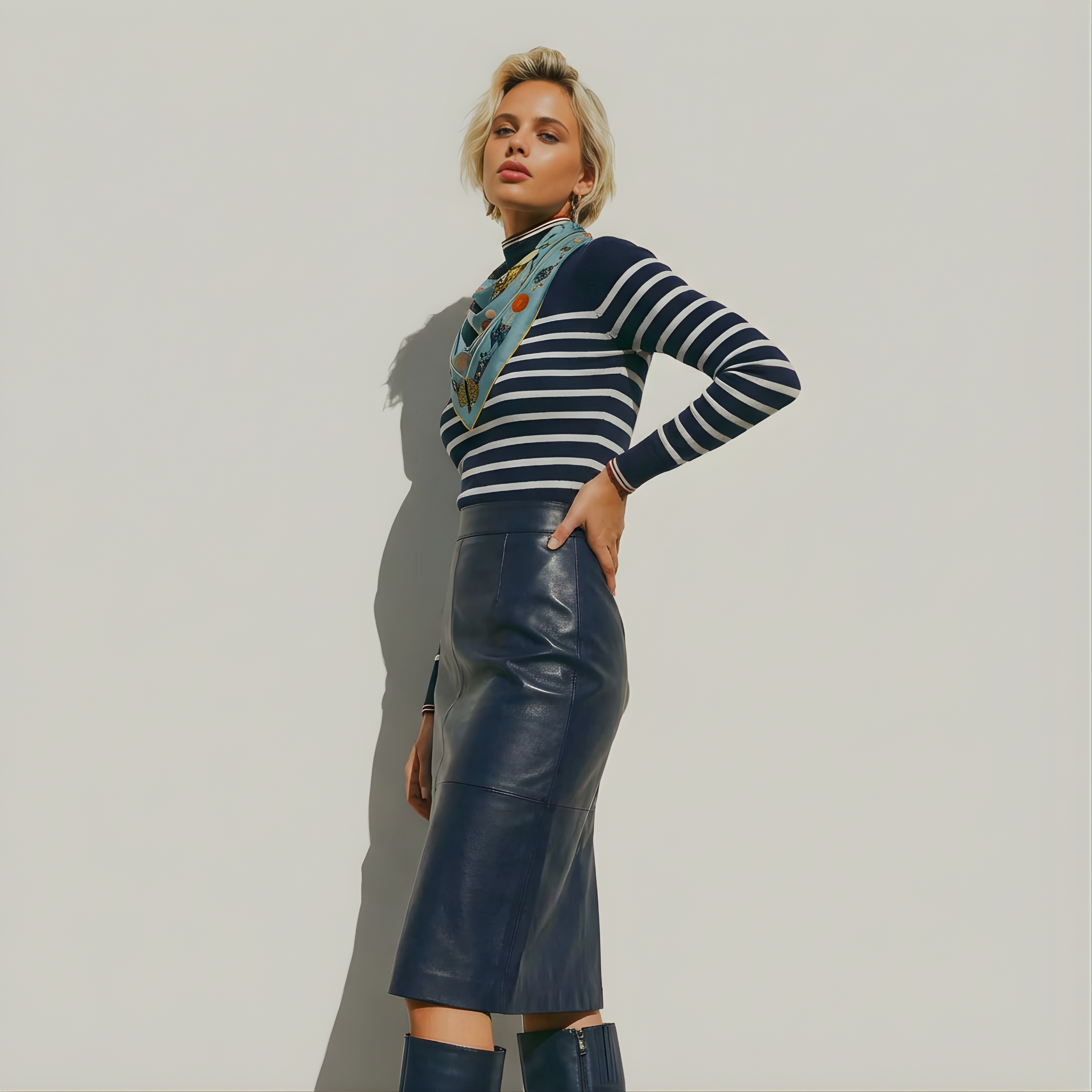 Mlle Ceinté Paris silk scarf, wooden rowboats and sailboats on calm blue water, colorful buoys, nautical knot border, maritime design.