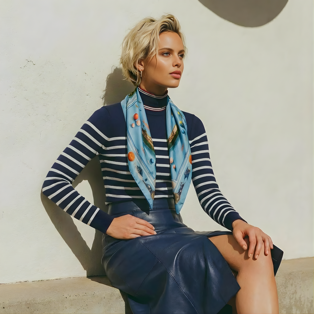 Mlle Ceinté Paris silk scarf, wooden rowboats and sailboats on calm blue water, colorful buoys, nautical knot border, maritime design.