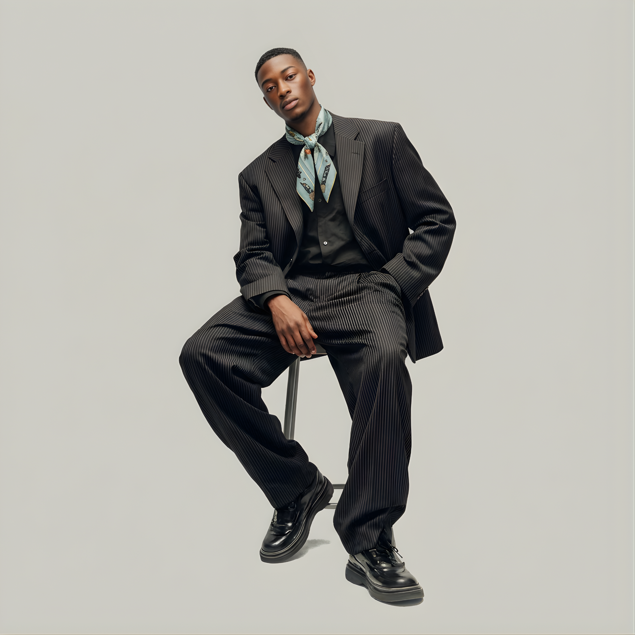 Mlle Ceinté Paris silk scarf, wooden rowboats and sailboats on calm blue water, colorful buoys, nautical knot border, maritime design.