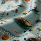 Mlle Ceinté Paris silk scarf, wooden rowboats and sailboats on calm blue water, colorful buoys, nautical knot border, maritime design.