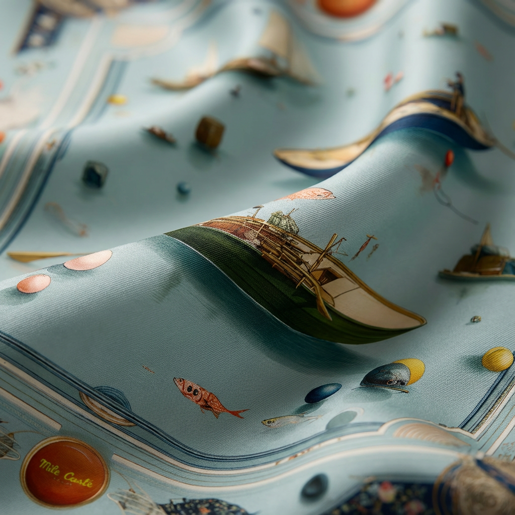 Mlle Ceinté Paris silk scarf, wooden rowboats and sailboats on calm blue water, colorful buoys, nautical knot border, maritime design.