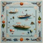 Mlle Ceinté Paris silk scarf, wooden rowboats and sailboats on calm blue water, colorful buoys, nautical knot border, maritime design.