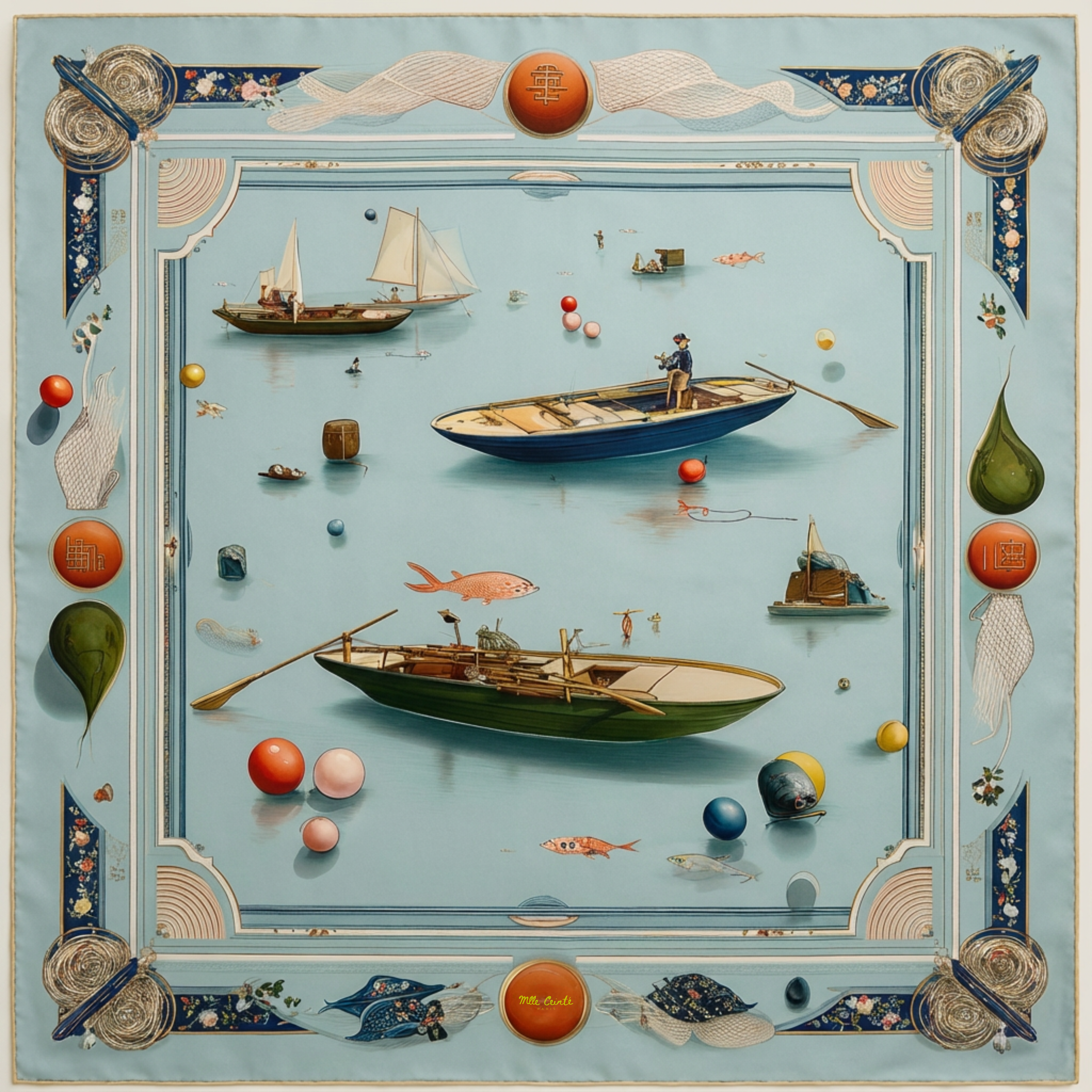 Mlle Ceinté Paris silk scarf, wooden rowboats and sailboats on calm blue water, colorful buoys, nautical knot border, maritime design.