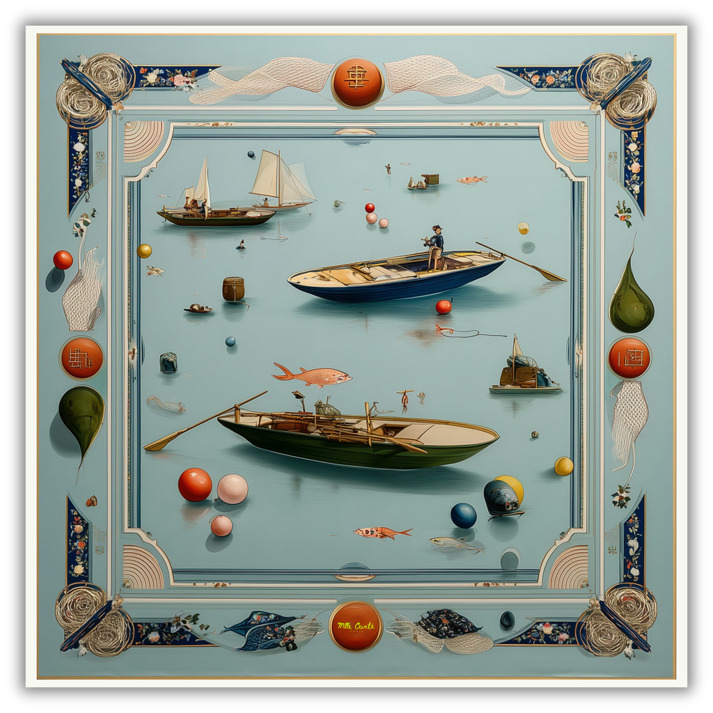 Mlle Ceinté Paris silk scarf, wooden rowboats and sailboats on calm blue water, colorful buoys, nautical knot border, maritime design.