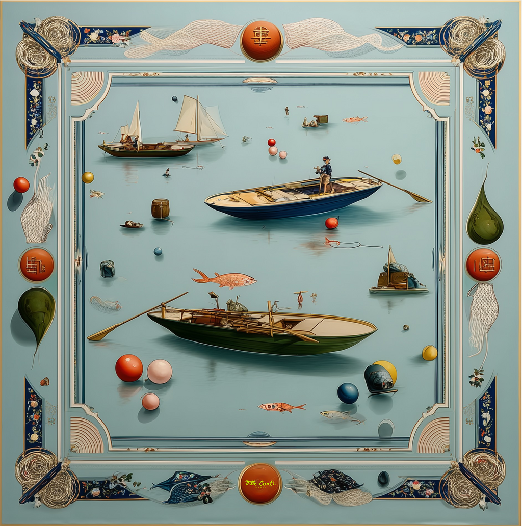 Mlle Ceinté Paris silk scarf, wooden rowboats and sailboats on calm blue water, colorful buoys, nautical knot border, maritime design.