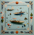 Mlle Ceinté Paris silk scarf, wooden rowboats and sailboats on calm blue water, colorful buoys, nautical knot border, maritime design.