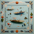 Mlle Ceinté Paris silk scarf, wooden rowboats and sailboats on calm blue water, colorful buoys, nautical knot border, maritime design.