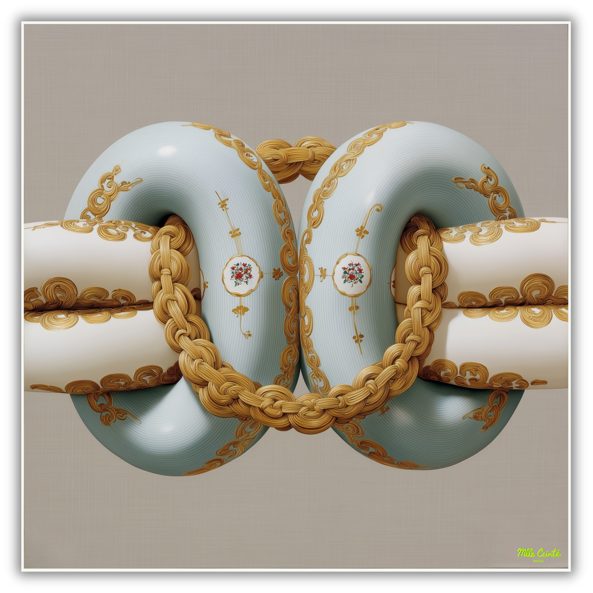 Mlle Ceinté Paris 100% silk twill scarf, gold chain knot design on beige, hand-rolled hem detail.