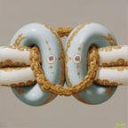 Mlle Ceinté Paris 100% silk twill scarf, gold chain knot design on beige, hand-rolled hem detail.