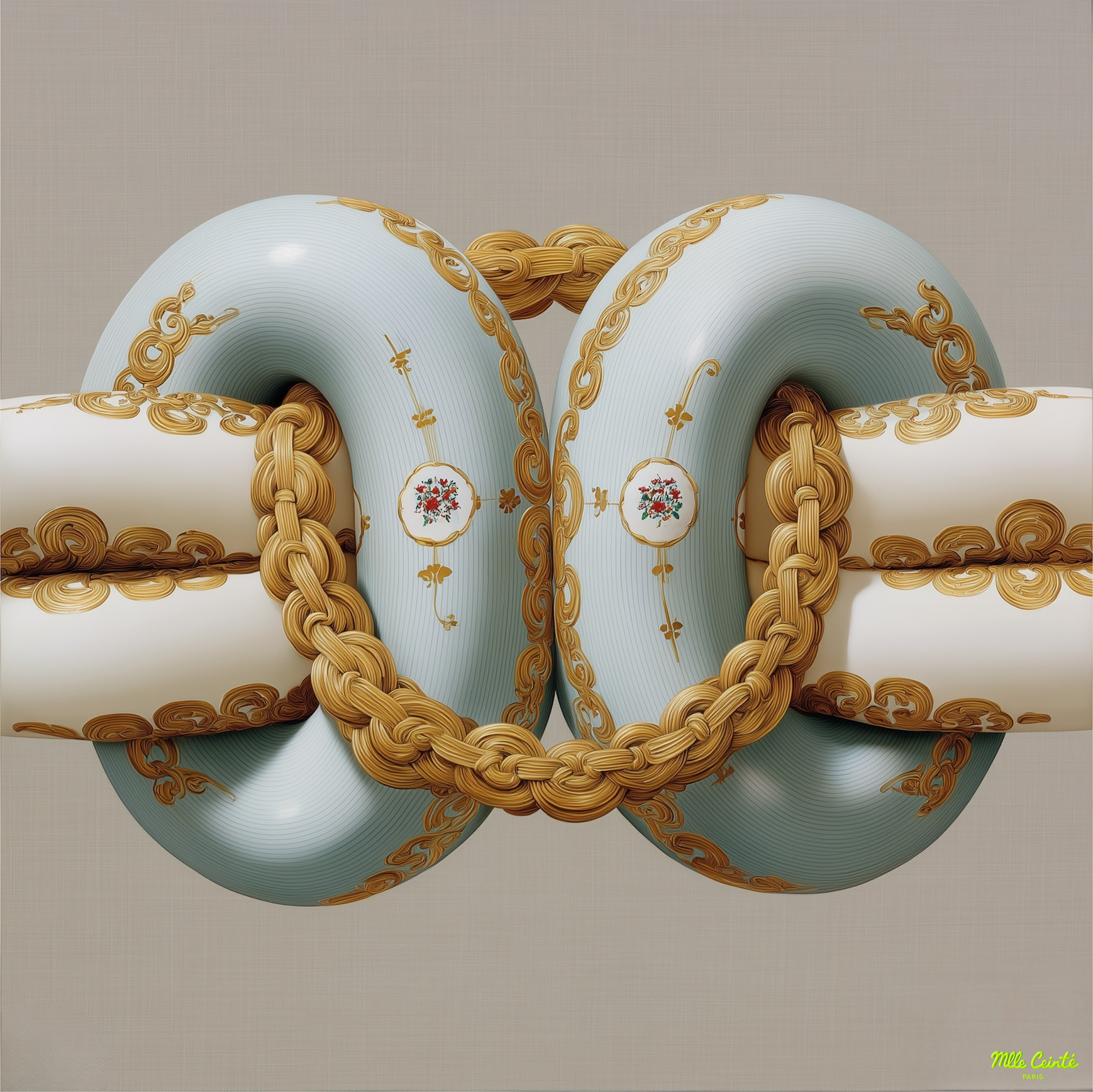 Mlle Ceinté Paris 100% silk twill scarf, gold chain knot design on beige, hand-rolled hem detail.