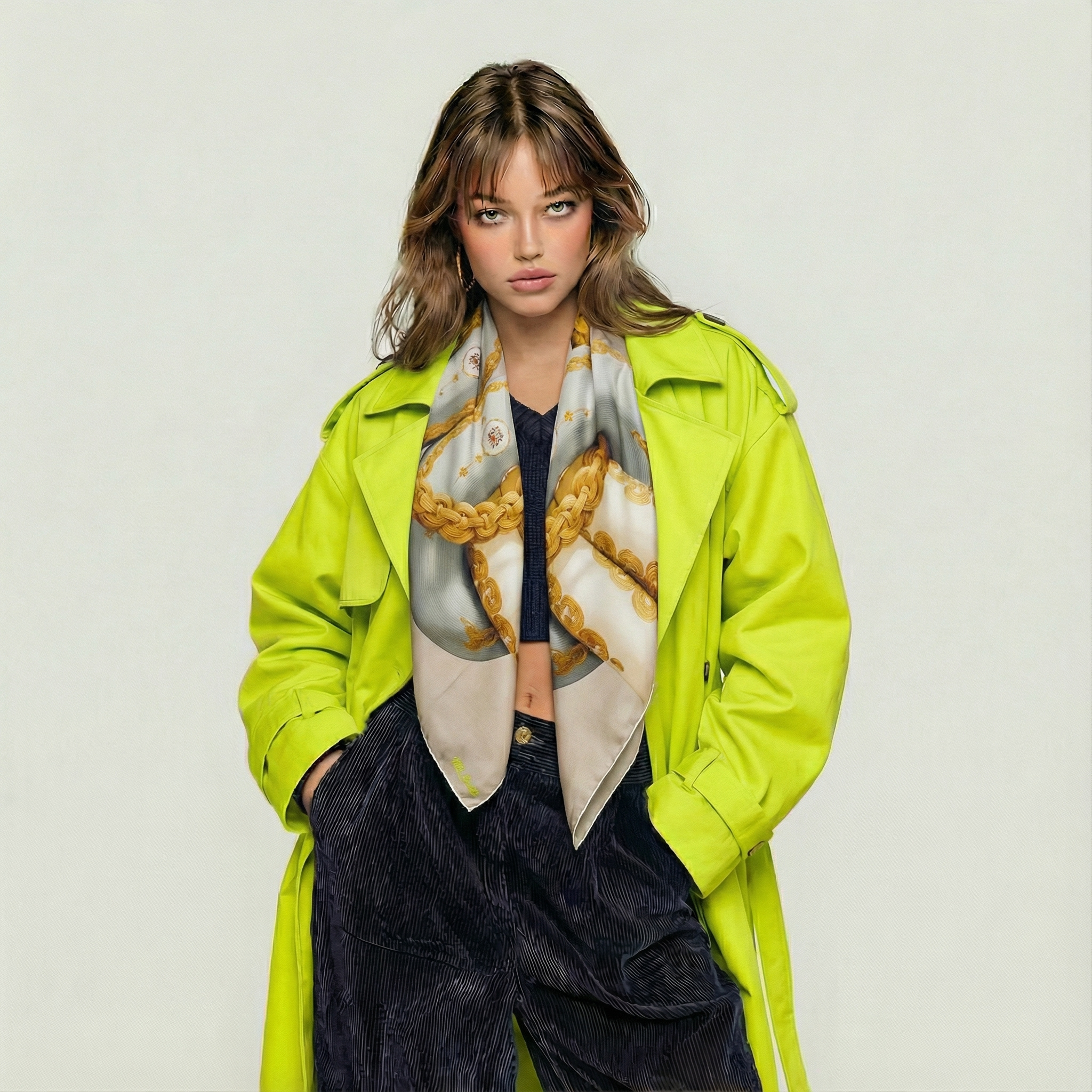 Mlle Ceinté Paris 100% silk twill scarf, gold chain knot design on beige, hand-rolled hem detail.